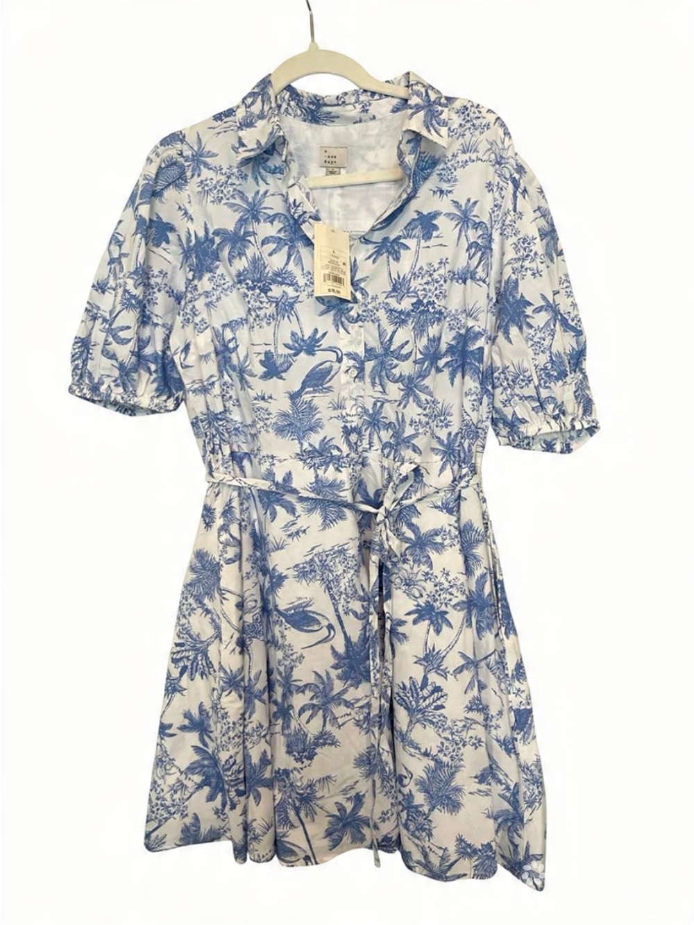 a new day Blue & White Toile Printed Balloon Short Sleeve Mini Shirtdress NWT L - Picture 5 of 7